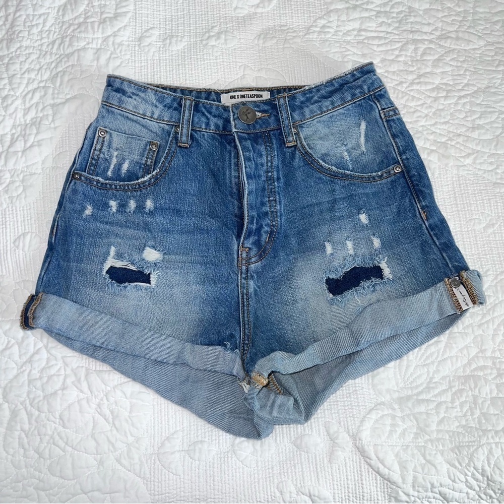 One Teaspoon Shorts Women 25 High Waist Bandits Relaxed Fit Twisted Cuff Hem B21